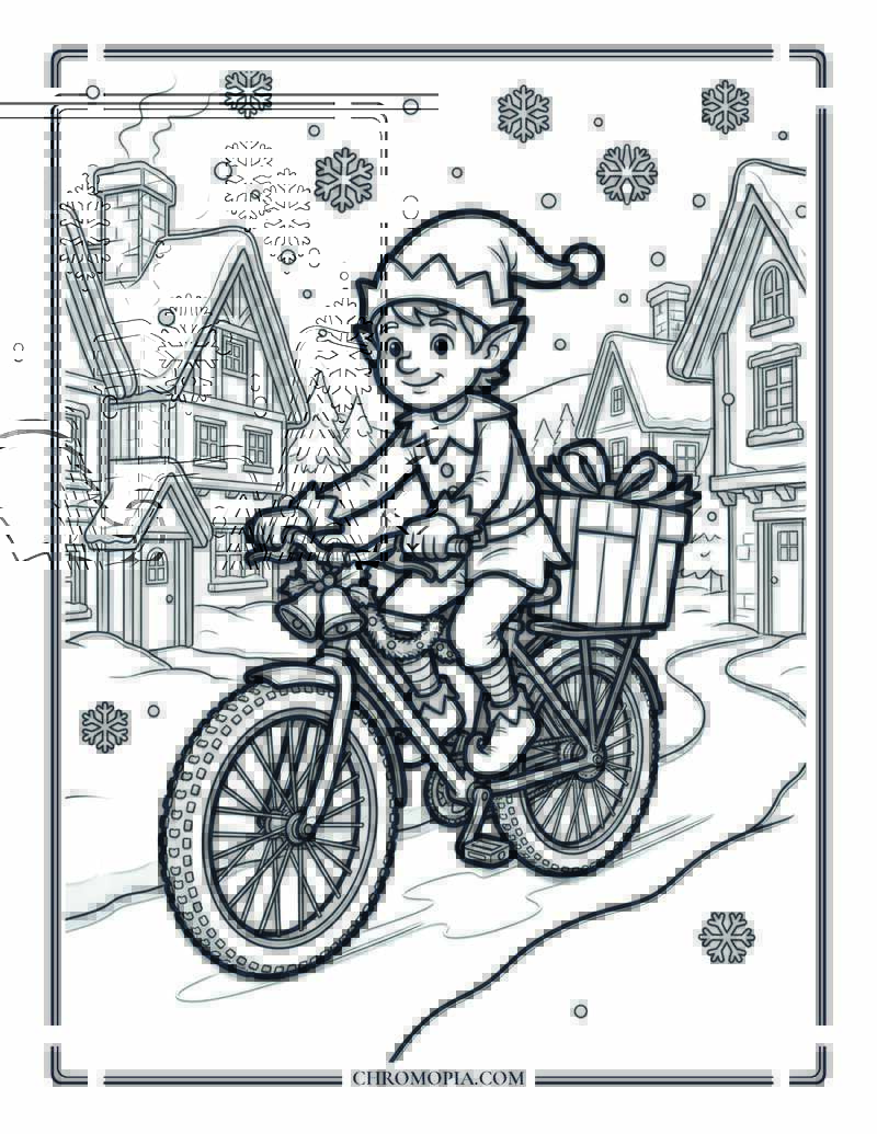 Elf Delivering Gift By Bicycle Coloring Page