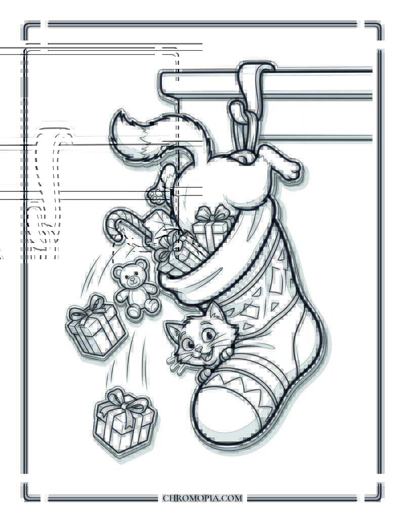 Funny Cat Inside Christmas Stocking Coloring Page