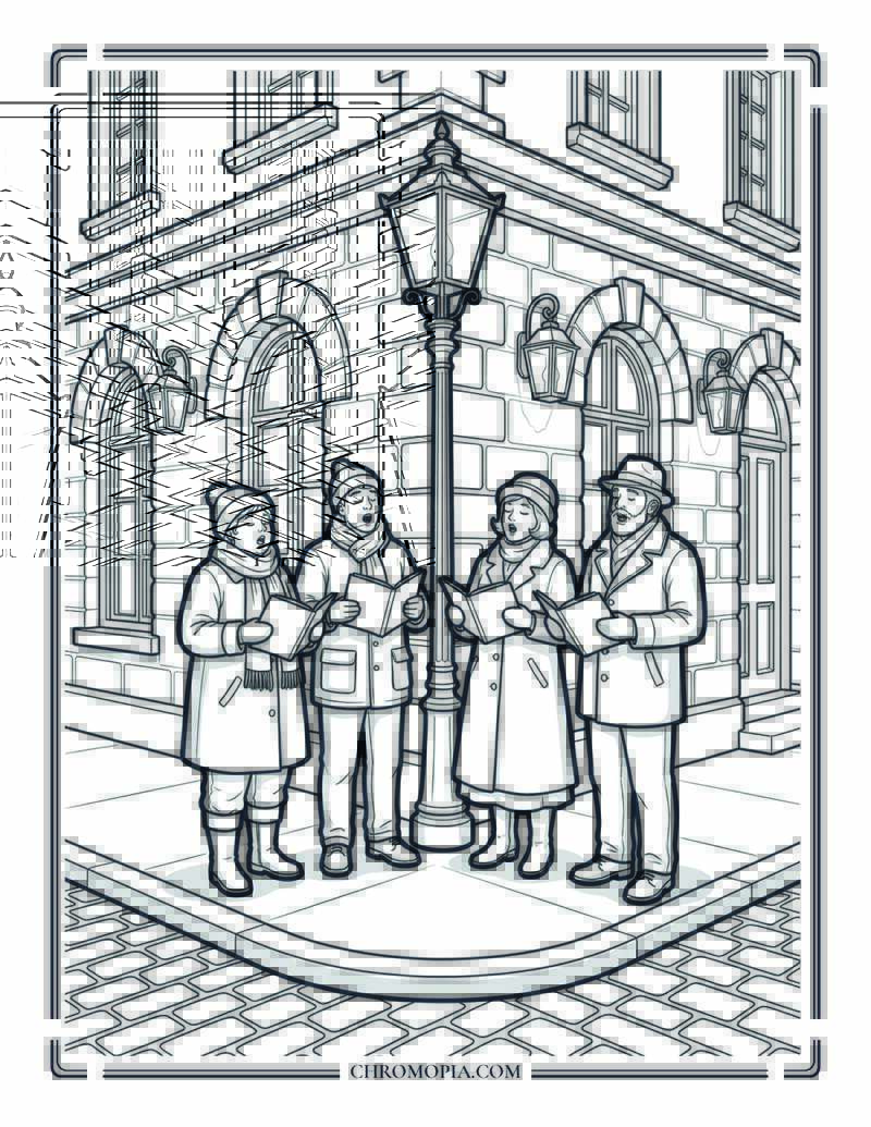Old Fashioned Carolers Street Scene Coloring Page