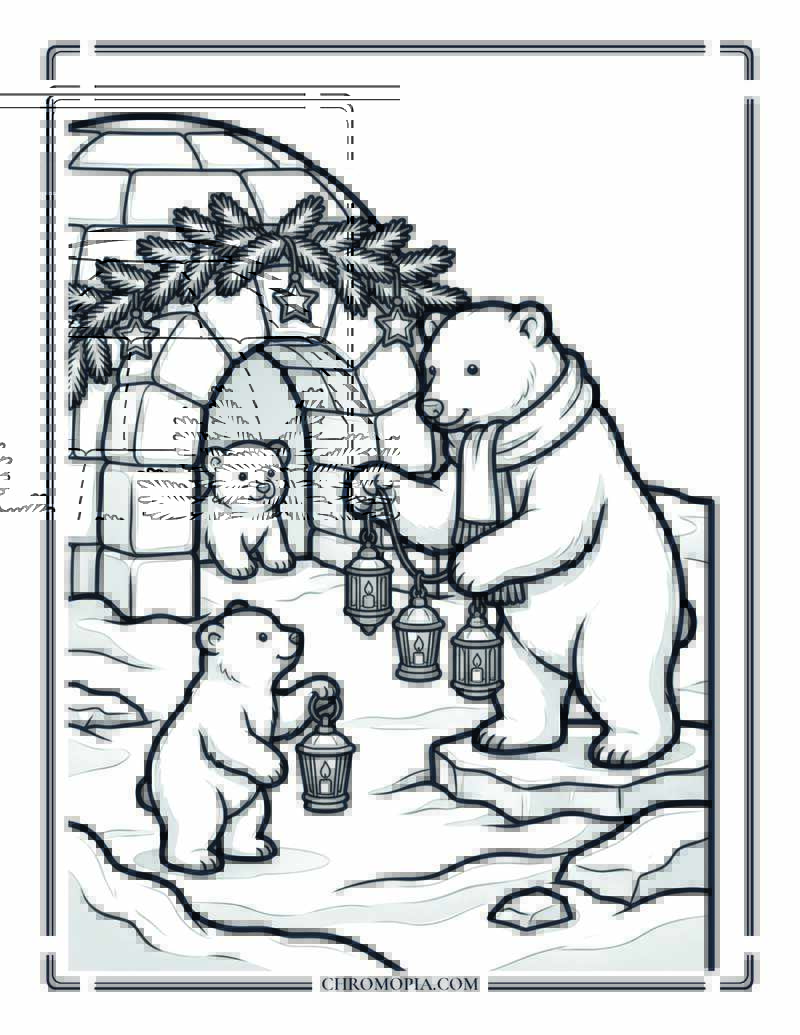 Polar Bear Family Decorating Igloo Coloring Page