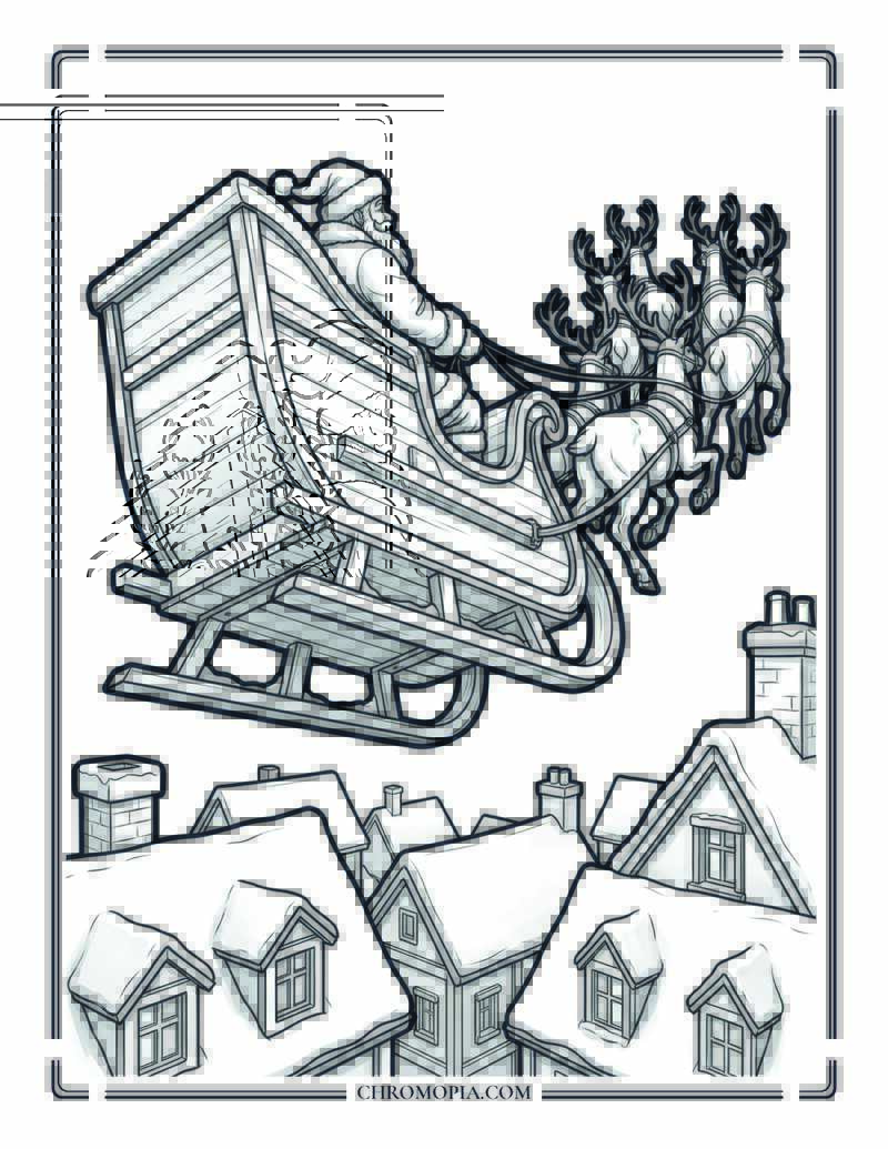 Santa Driving Sleigh Over Rooftops Coloring Page