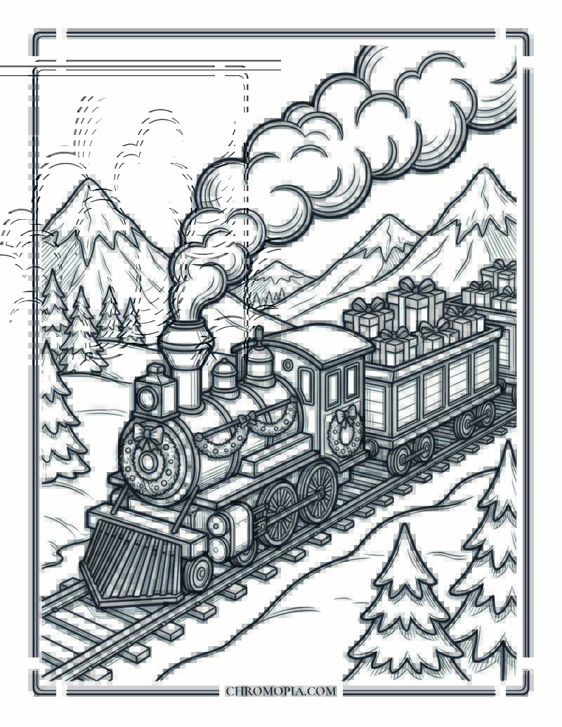 Winter Train Carrying Holiday Gifts Coloring Page