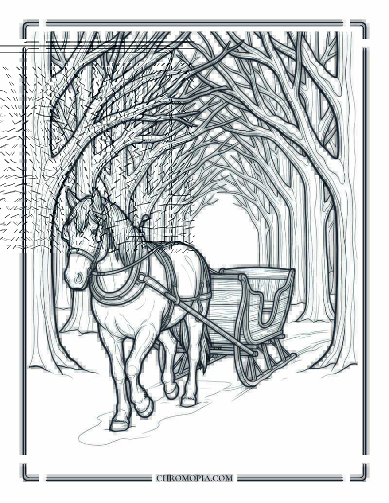 Horse Drawn Sleigh Night Ride Coloring Page