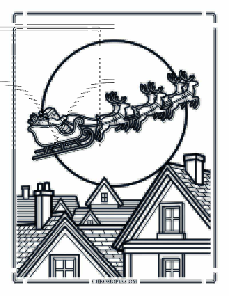 Santa Silhouette Against Full Moon Coloring Page