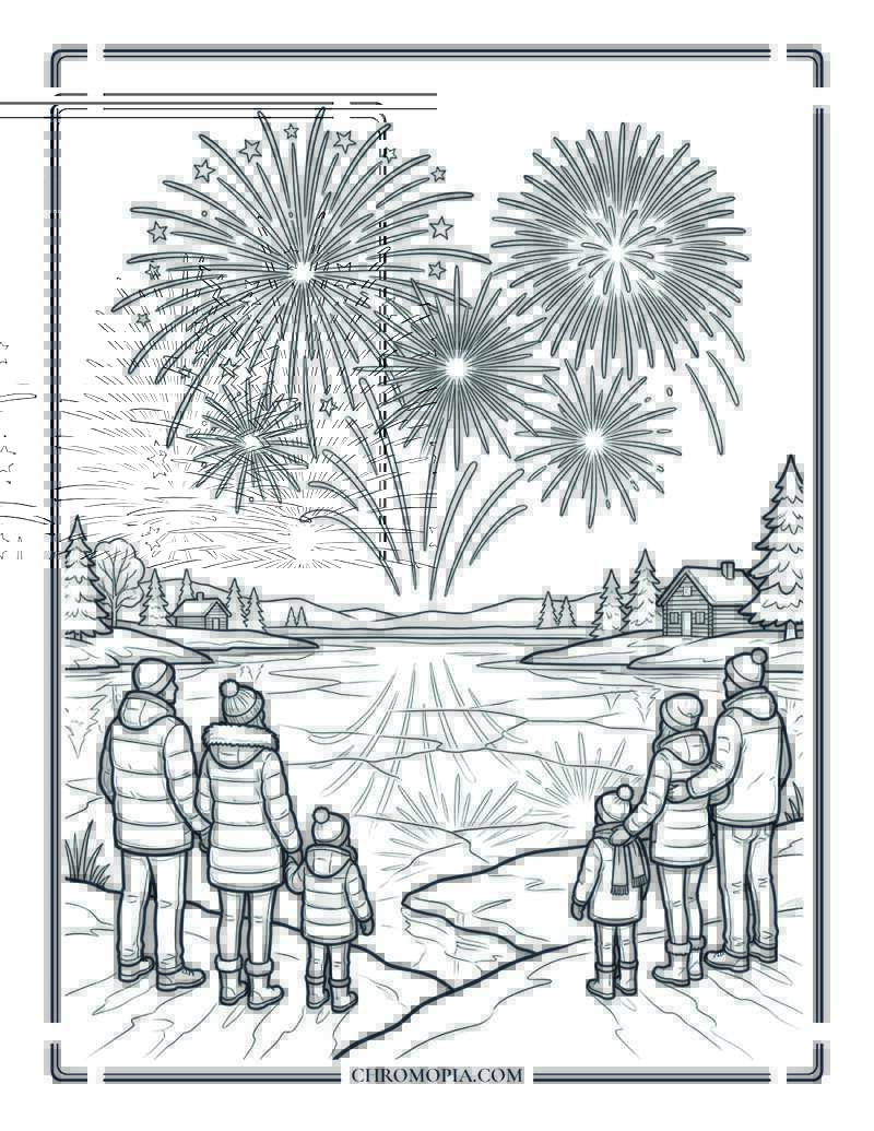Winter Fireworks Over Frozen Lake Coloring Page
