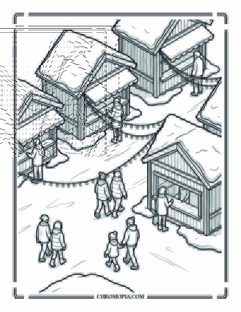 Winter Village Market From Above Coloring Page