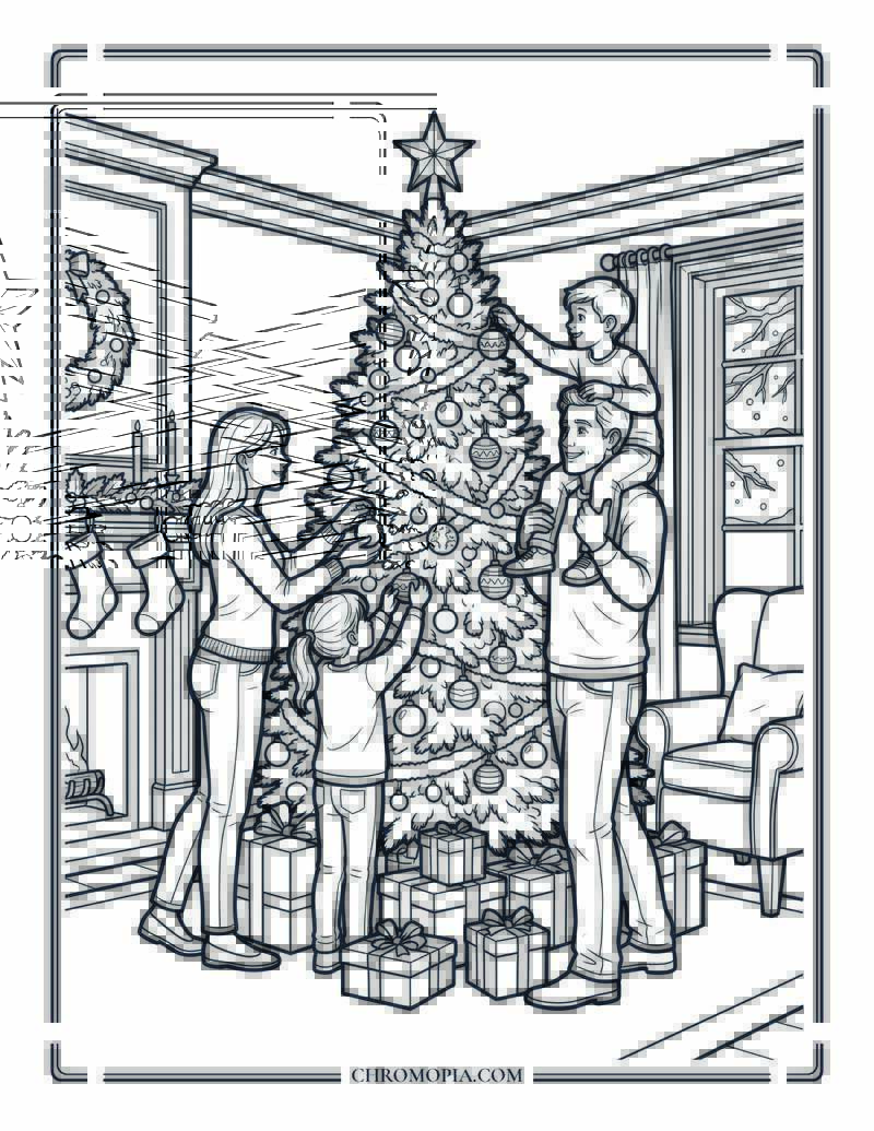 Family Decorating Christmas Tree Coloring Page