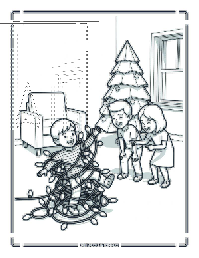 Funny Kid Wrapped In Holiday Lights Coloring Page