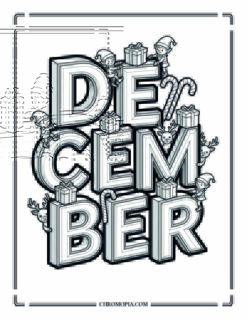 Large DECEMBER Festive Lettering Coloring Page