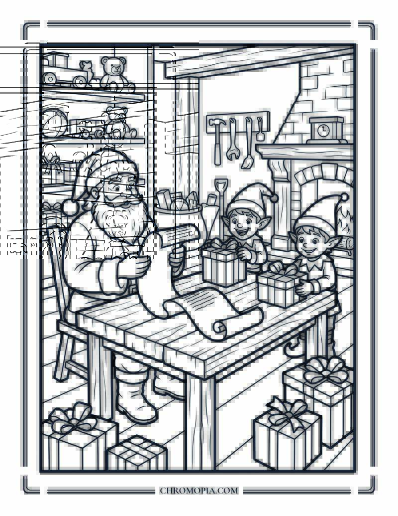 Santa And Elf Gift Workshop Coloring Page