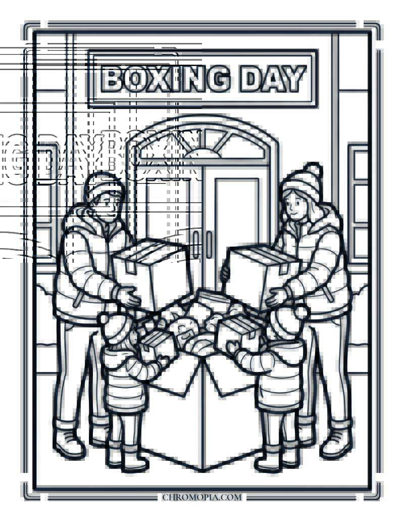 Boxing Day Charity Donation Scene Coloring Page