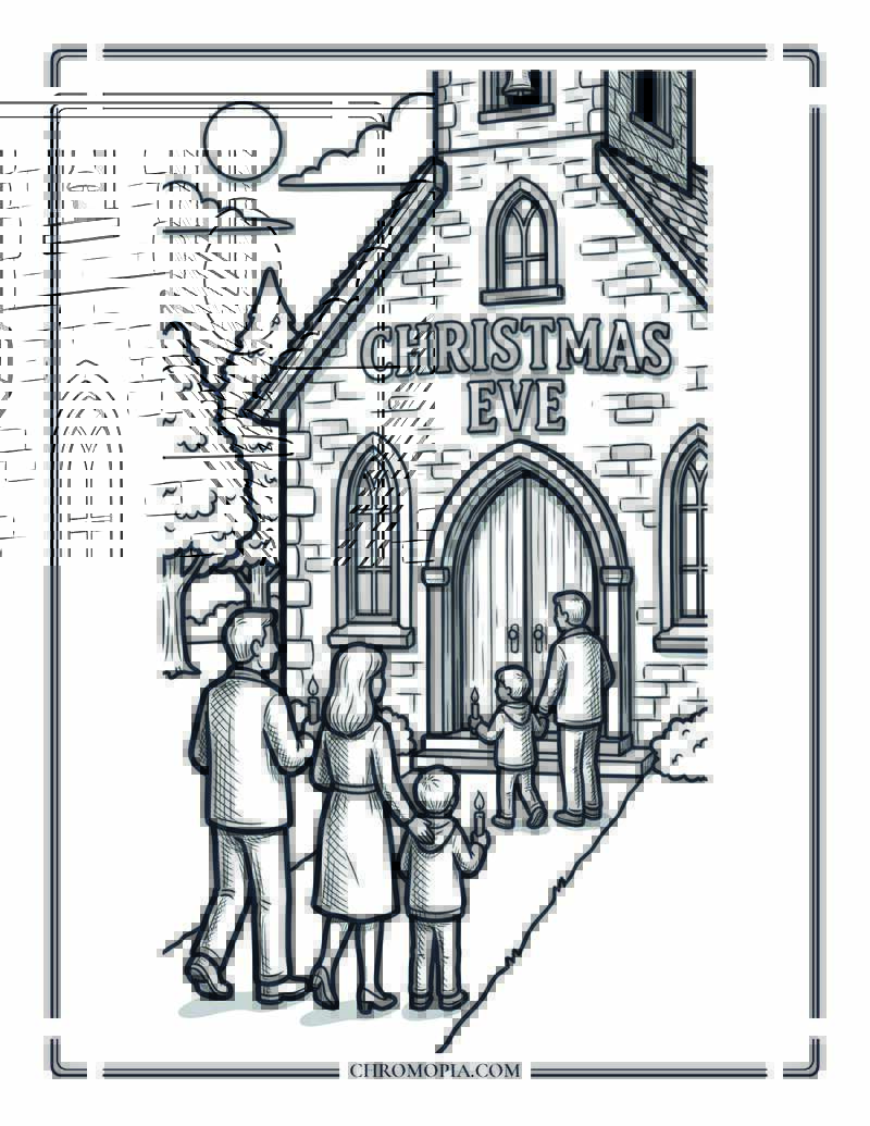 Christmas Eve Candlelit Midnight Gathering Coloring Page