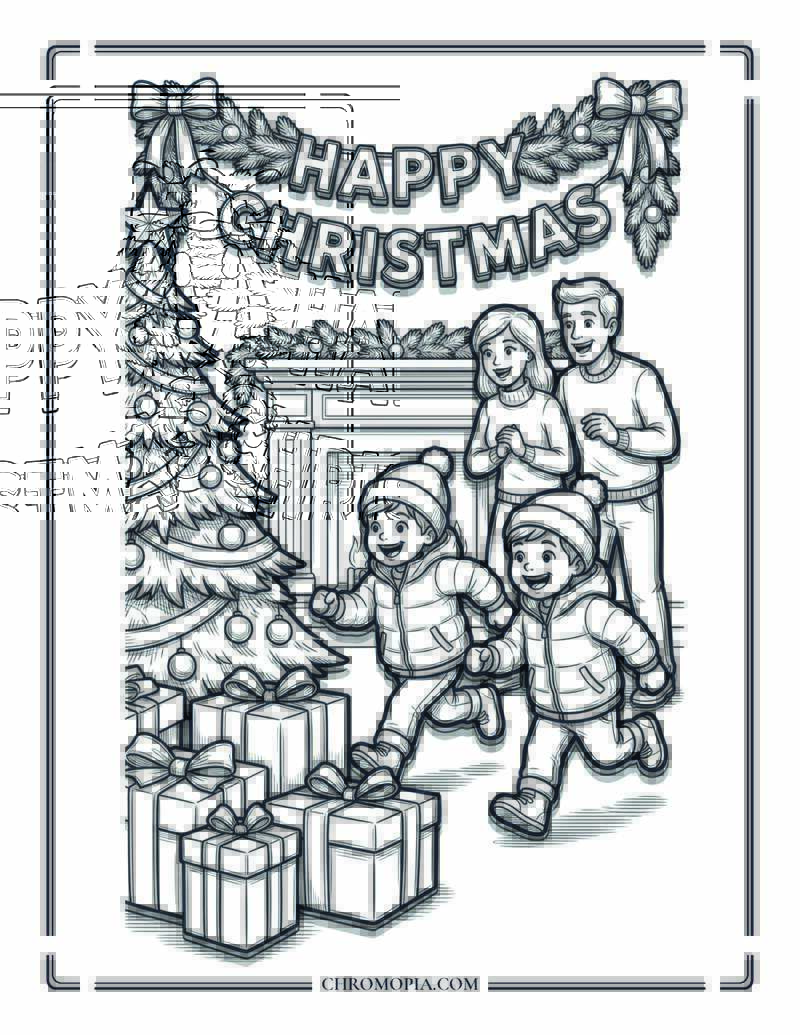 Happy Christmas Morning Gift Surprise Coloring Page