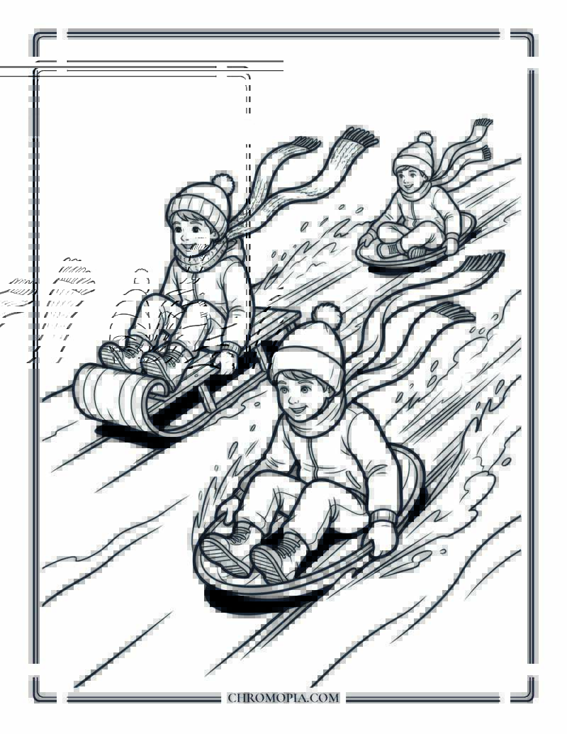 Children Sledding Down Steep Hill Coloring Page