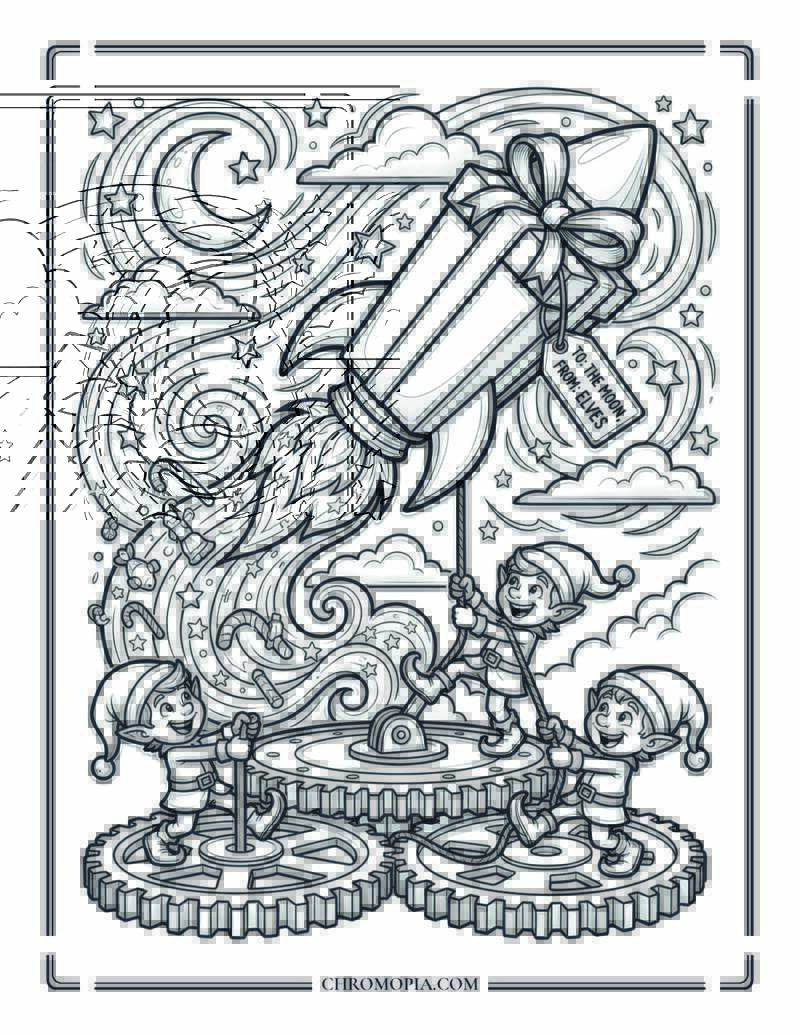 Elves Launching Gift Rocket Coloring Page