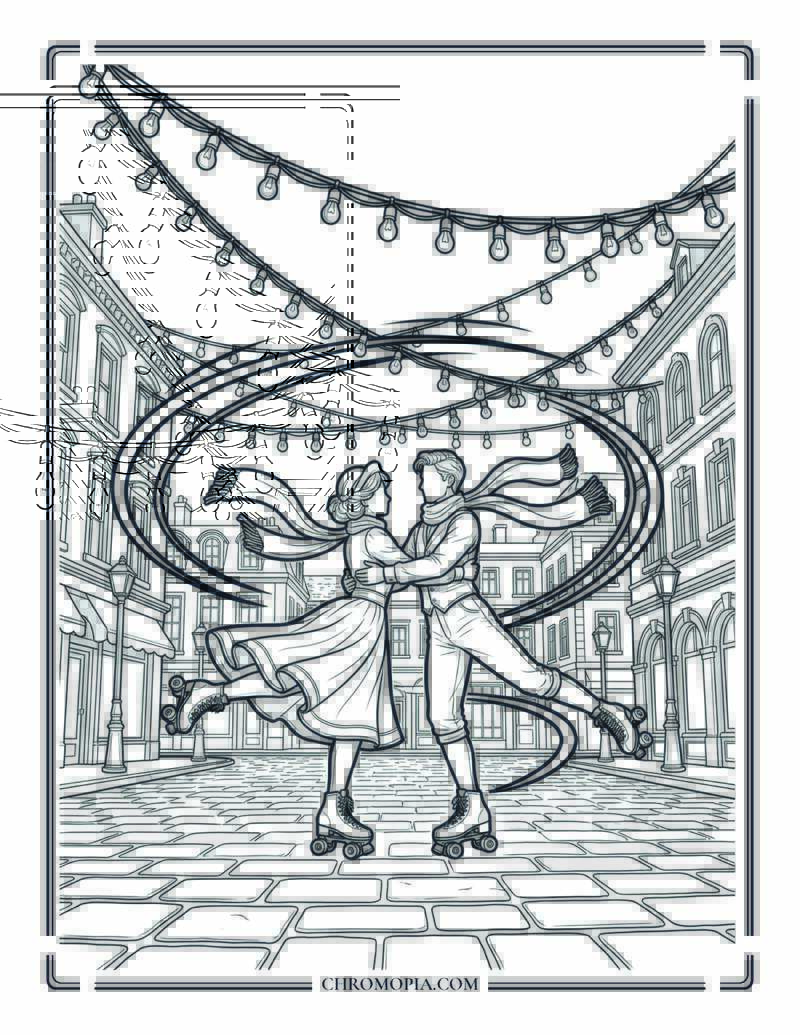 Ice Skating Spin Under Holiday Lights Coloring Page