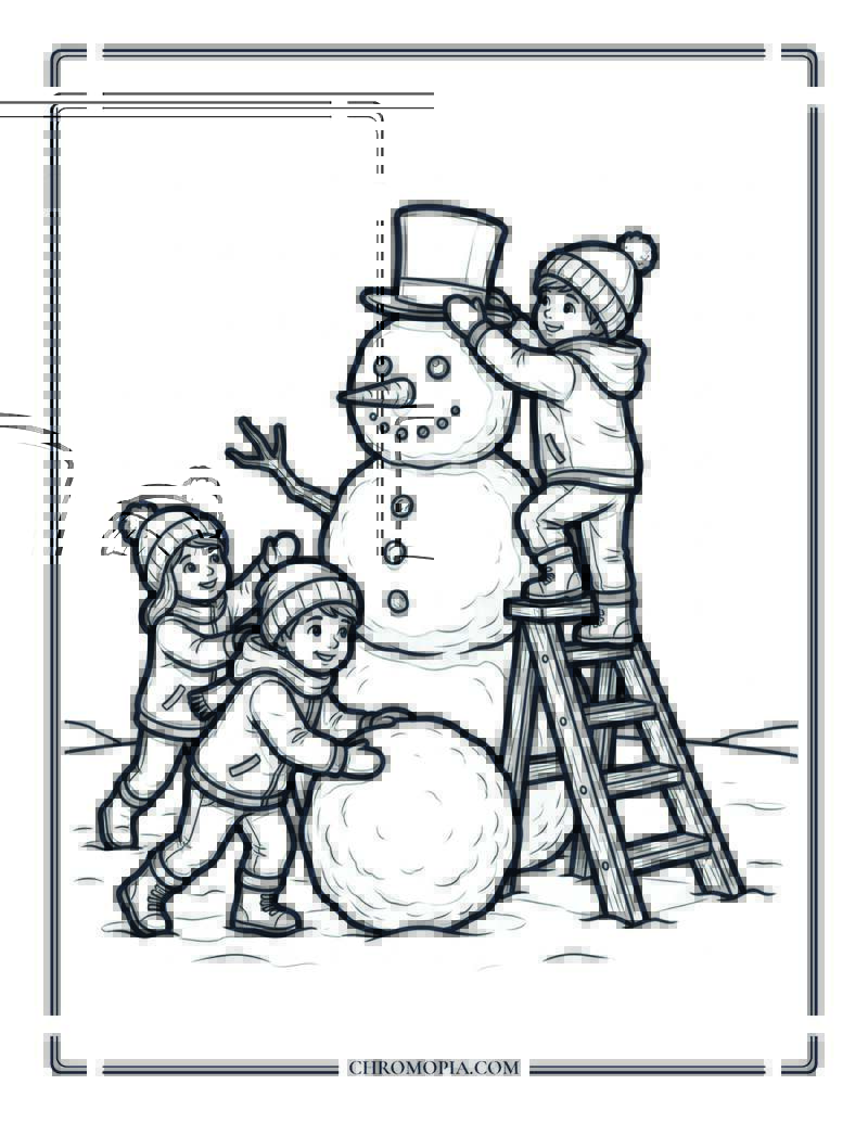 Kids Building Giant Snowman Coloring Page