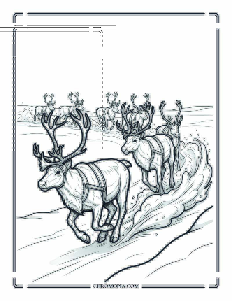Reindeer Racing Across Snow Field Coloring Page