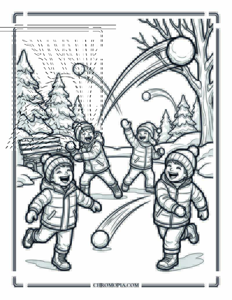 Snowball Fight Freeze Frame Action Coloring Page