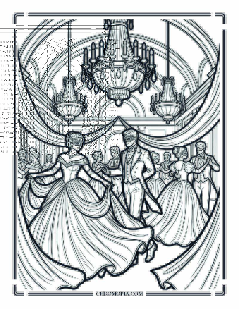 Elegant Winter Masquerade Ballroom Coloring Page