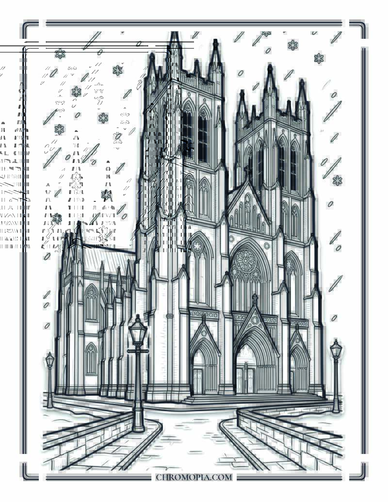 Midnight Cathedral Under Falling Snow Coloring Page