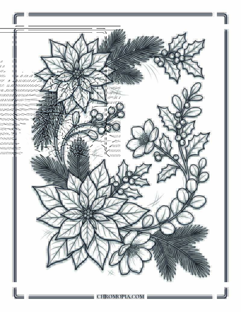 Winter Botanical Arrangement With Pine And Poinsettia Coloring Page
