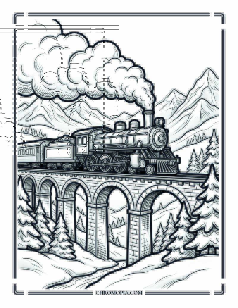 Winter Train Crossing Mountain Bridge Coloring Page