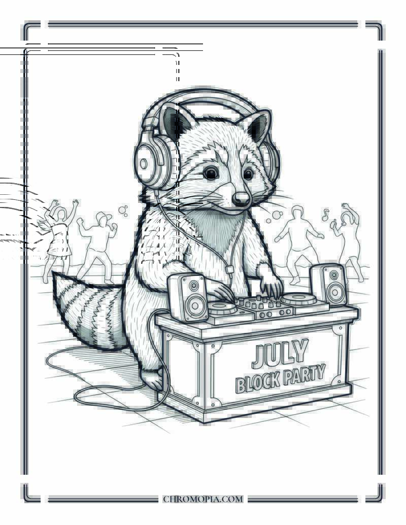 Cool Raccoon DJ At Outdoor Block Party Coloring Page