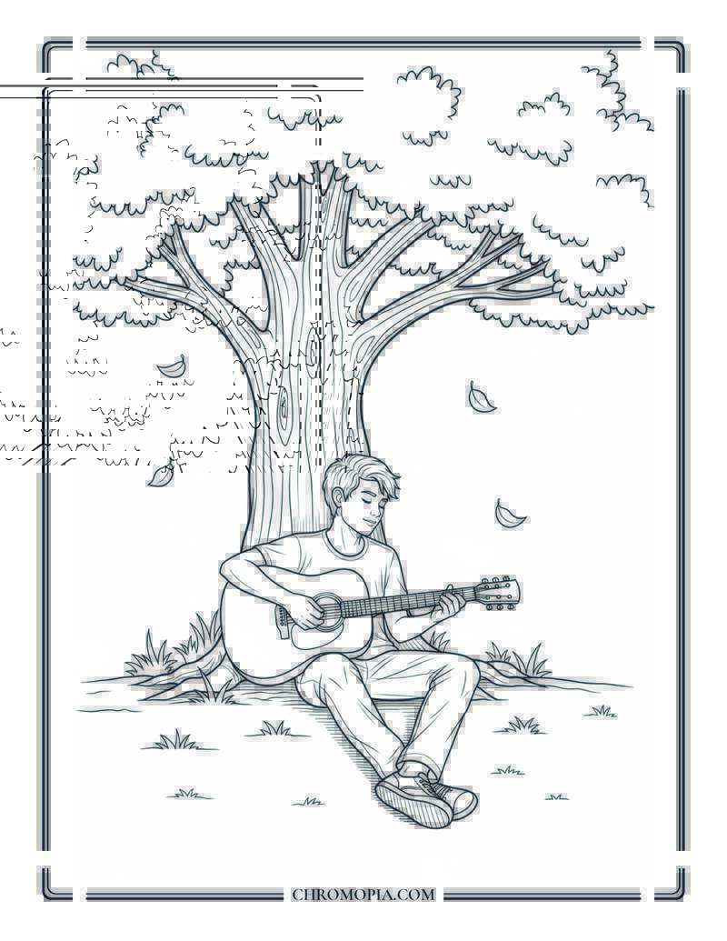 Teen Playing Guitar Under Large Summer Tree Coloring Page