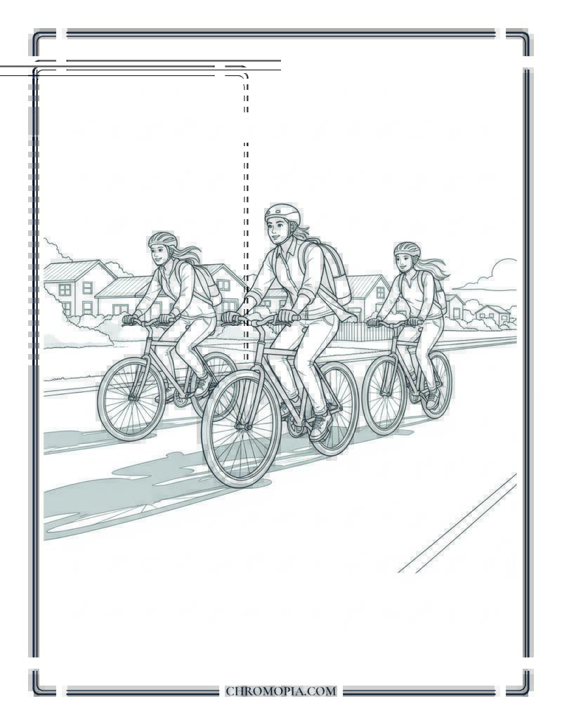 Three Friends Riding Bikes At Sunset Coloring Page