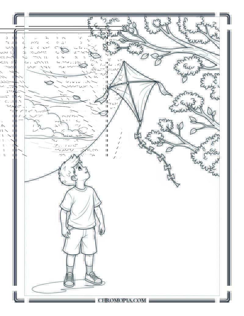 Boy Looking Up At Kite Stuck In Tree Coloring Page
