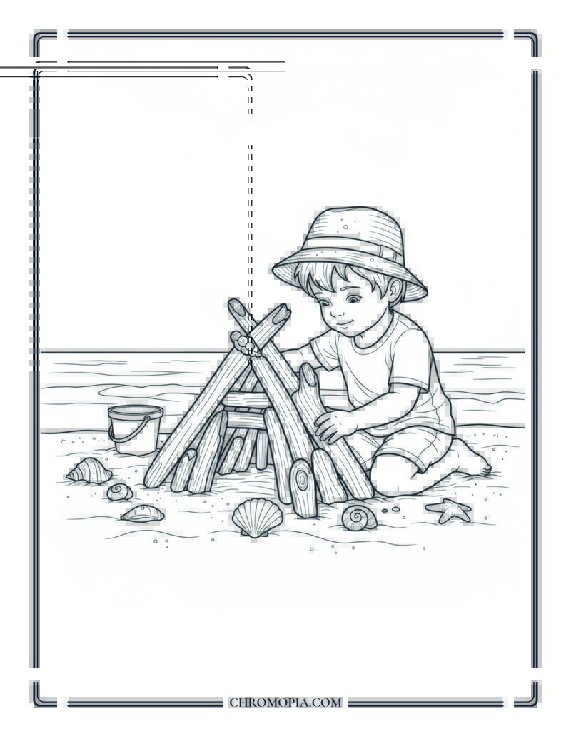 Child Building Driftwood Fort On Beach Coloring Page