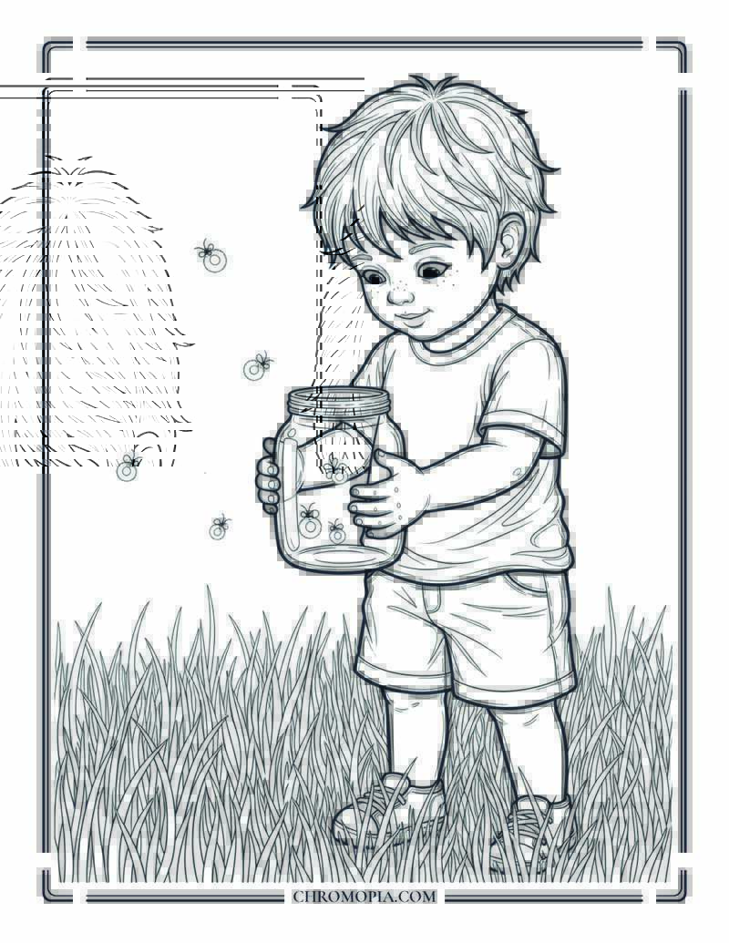 Child Catching Fireflies In Glass Jar At Dusk Coloring Page