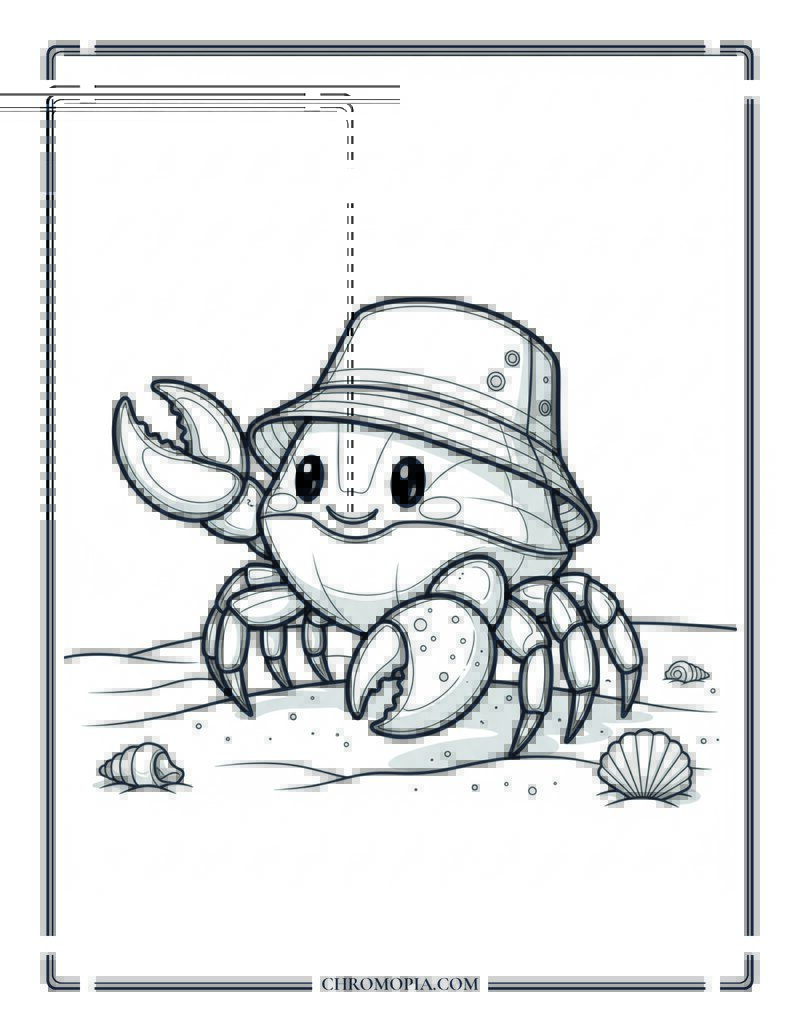 Cute Crab Wearing Bucket Hat On Beach Coloring Page