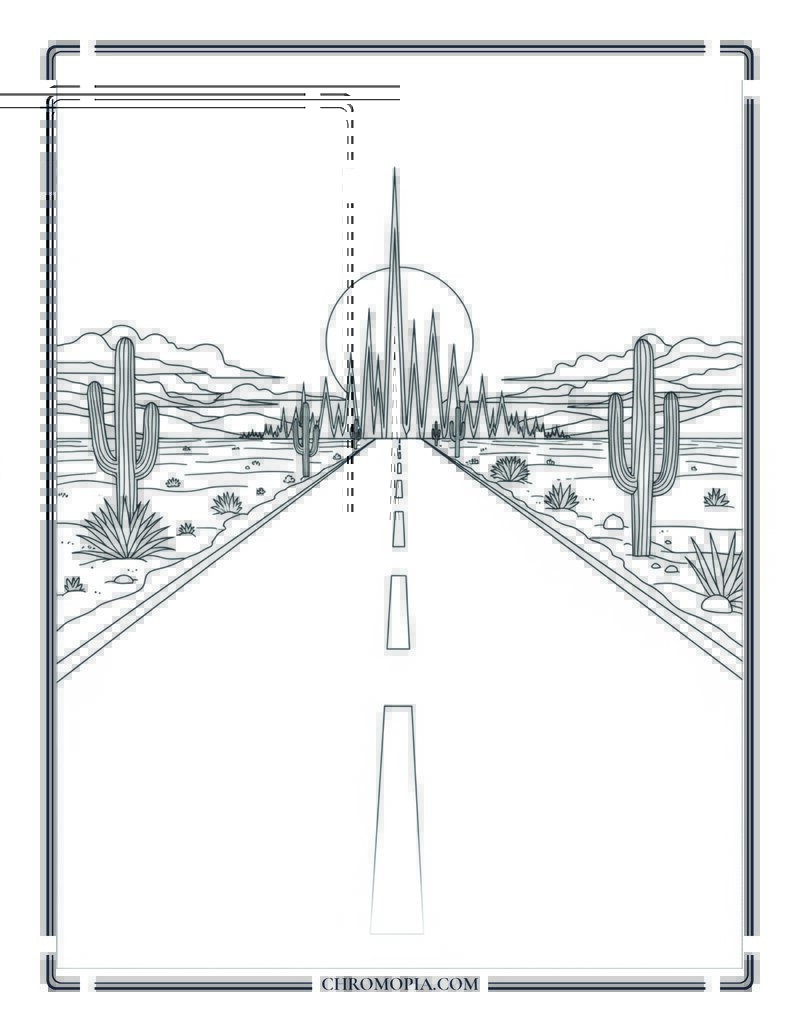 Long Desert Road Under Blazing Sun Coloring Page