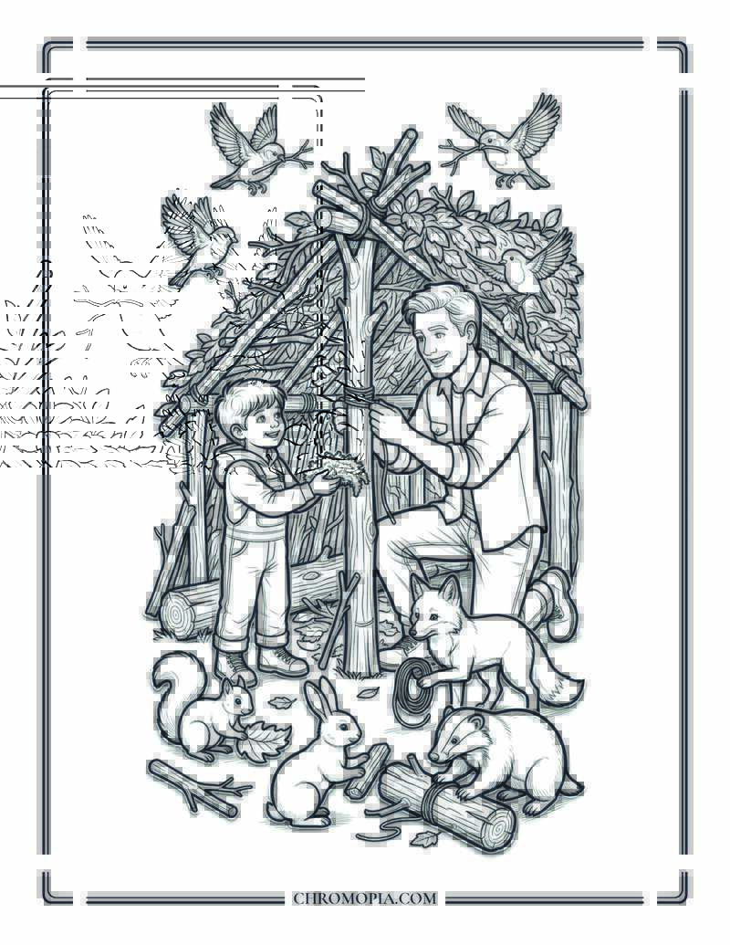Father And Child Building Animal Shelter In Nature Coloring Page