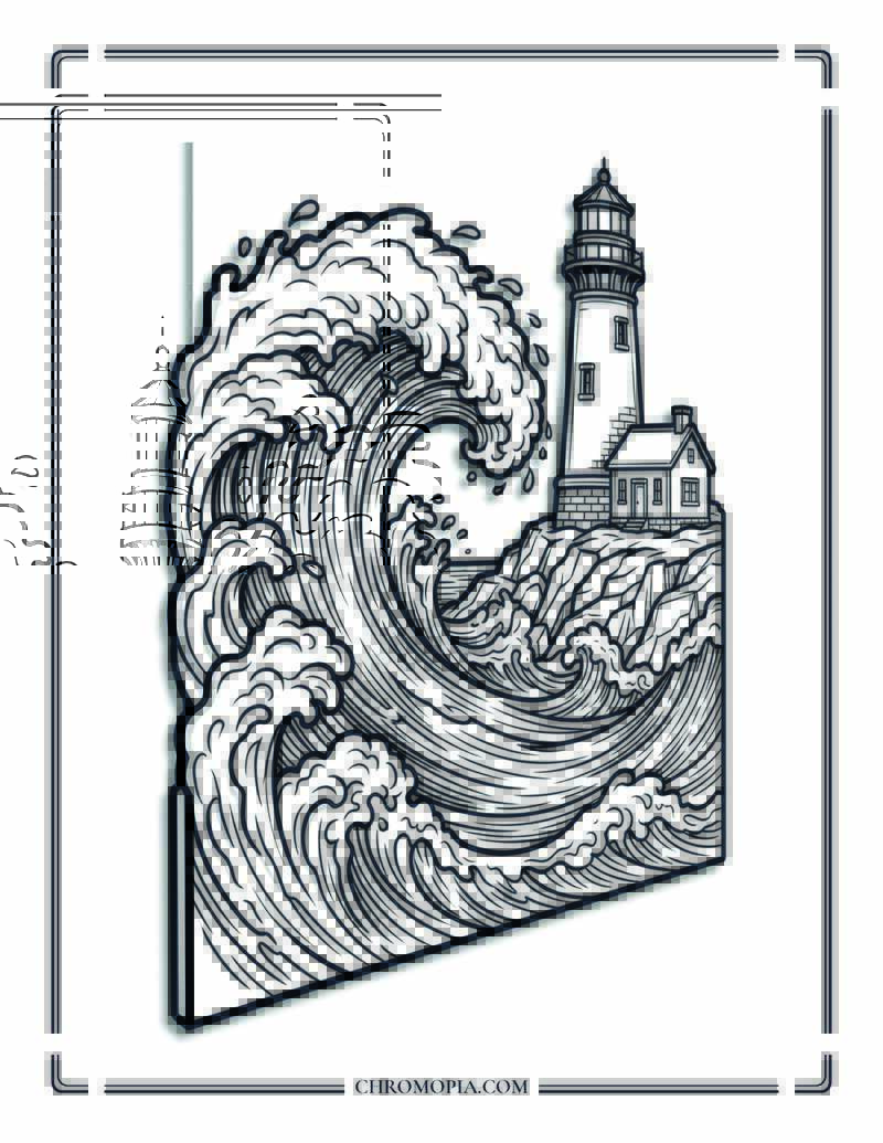 Powerful Wave Crashing Against Lighthouse In Storm Coloring Page