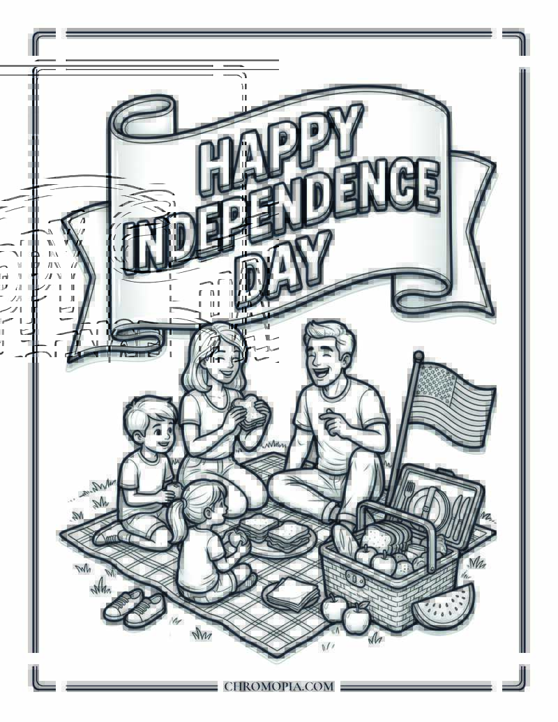 Independence Day Family Picnic With Flag Coloring Page