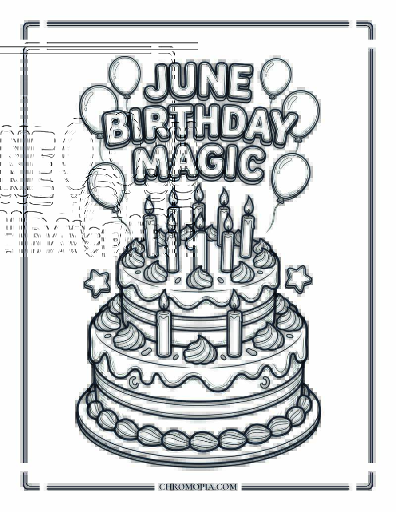July Birthday Cake And Balloons Coloring Page