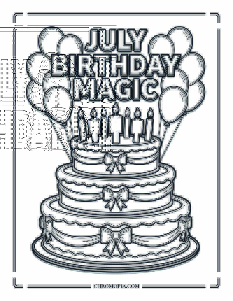 July Birthday Cake And Balloons Coloring Page
