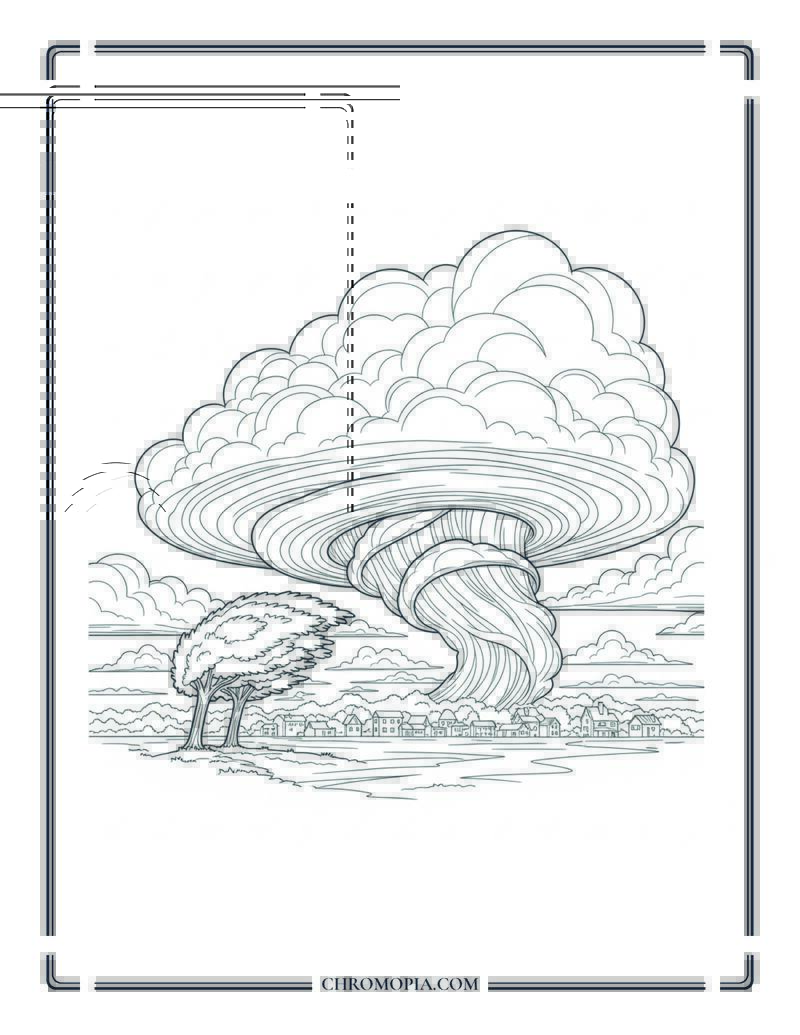 Dark Storm Clouds Rolling Over Summer Town Coloring Page