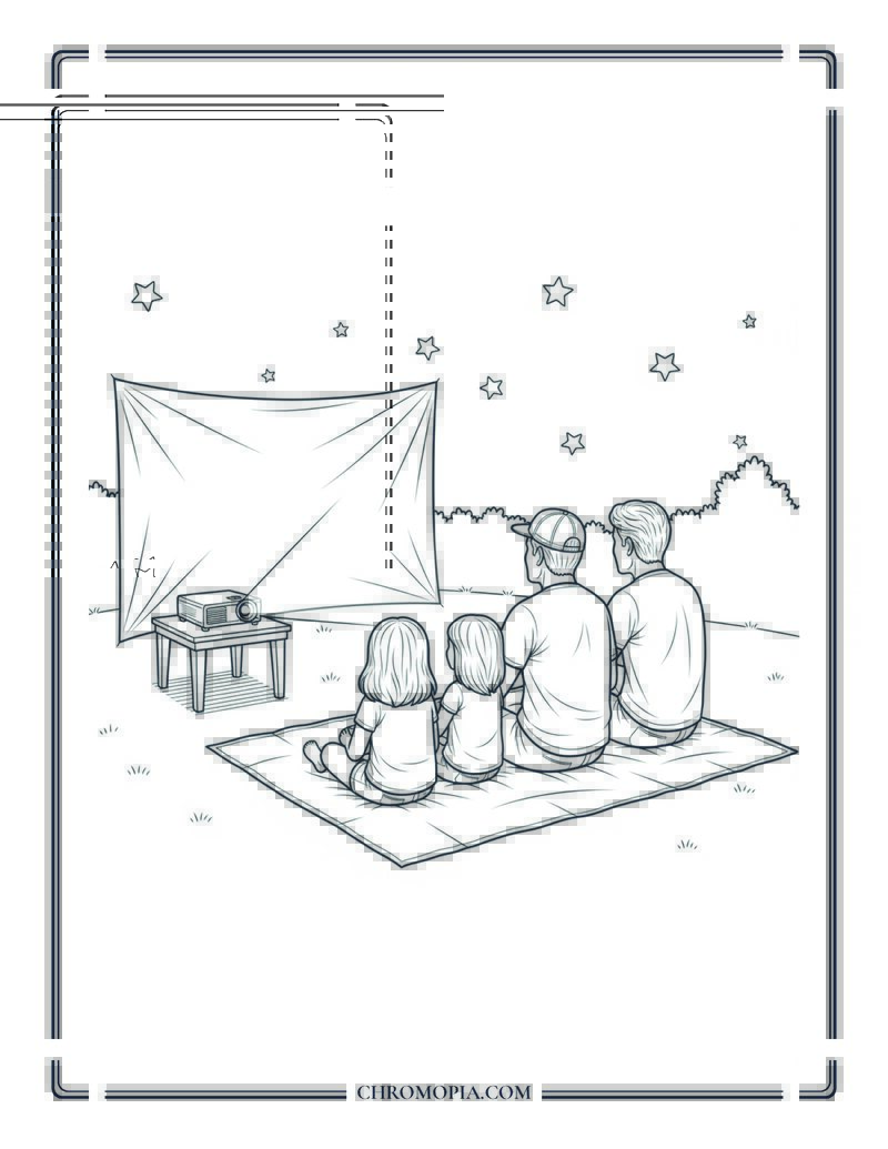 Family Watching Outdoor Movie In Backyard At Night Coloring Page