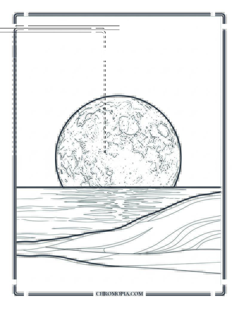 Giant Full Moon Rising Over Calm Ocean Coloring Page