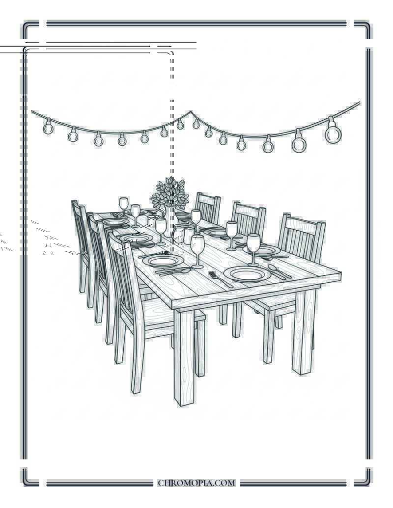 Long Table Dinner Under String Lights In Backyard Coloring Page