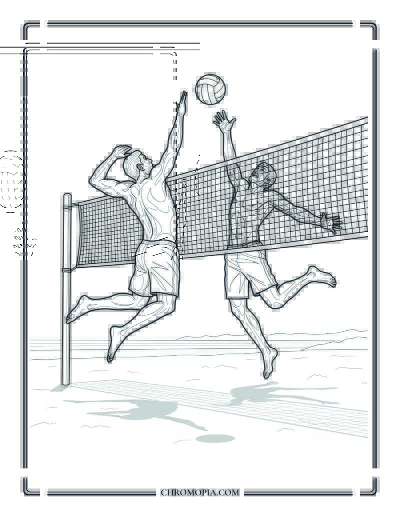 Players Jumping At Beach Volleyball Net Coloring Page