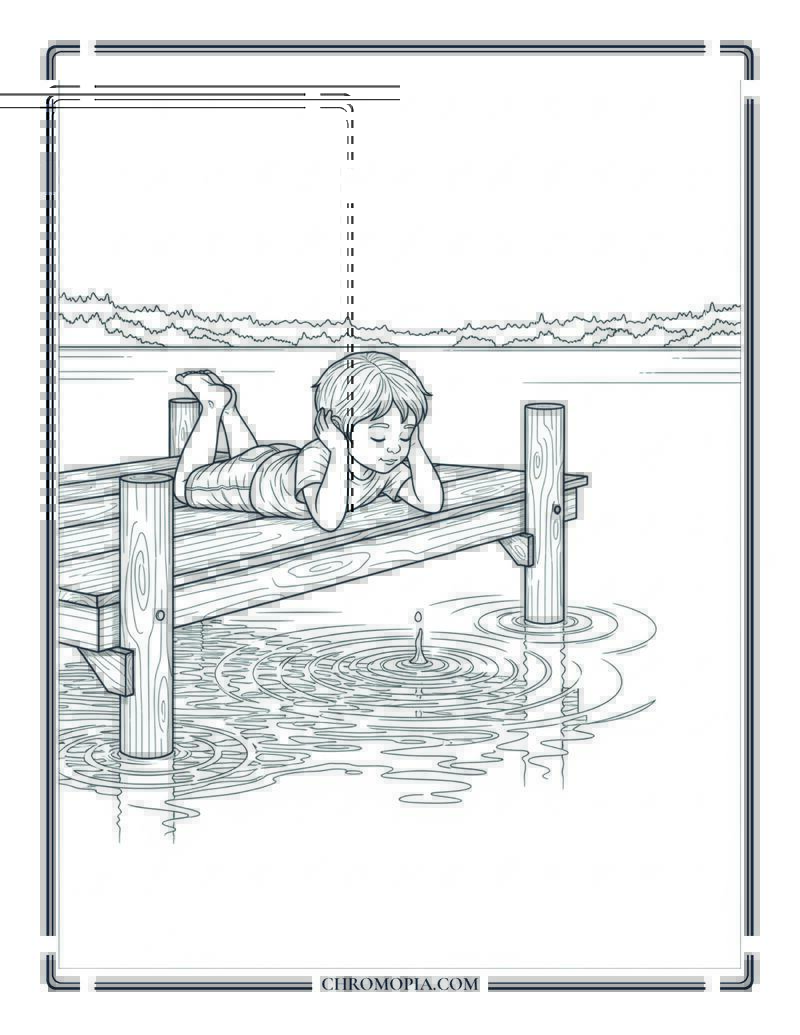 Child Lying On Wooden Lake Dock Coloring Page