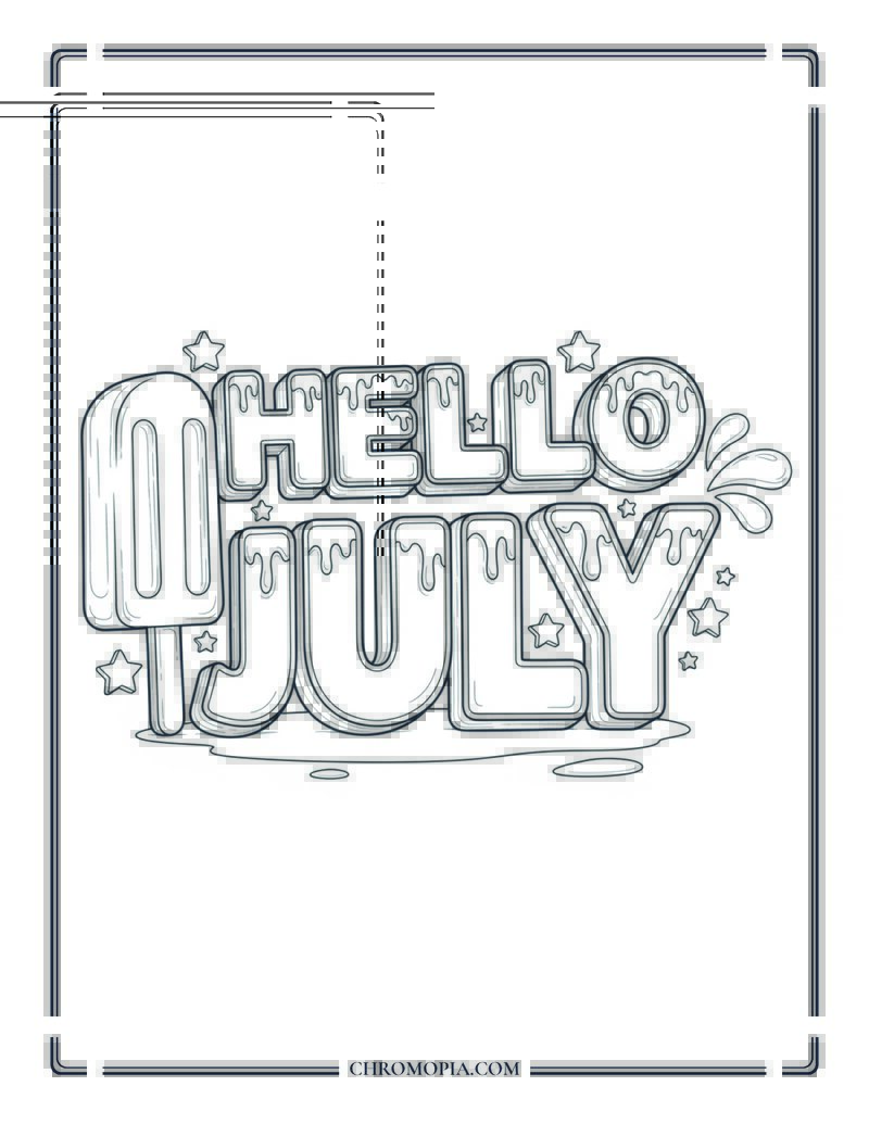 Hello July Bold Lettering Coloring Page