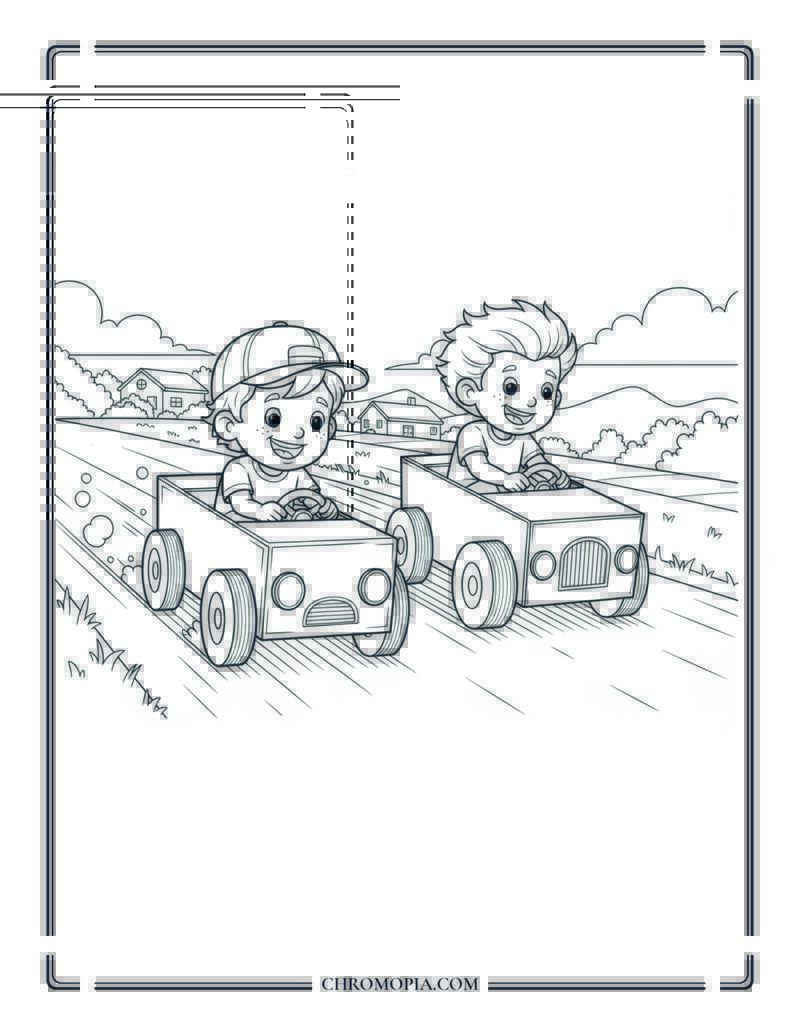 Kids Racing Cardboard Box Cars Downhill Coloring Page