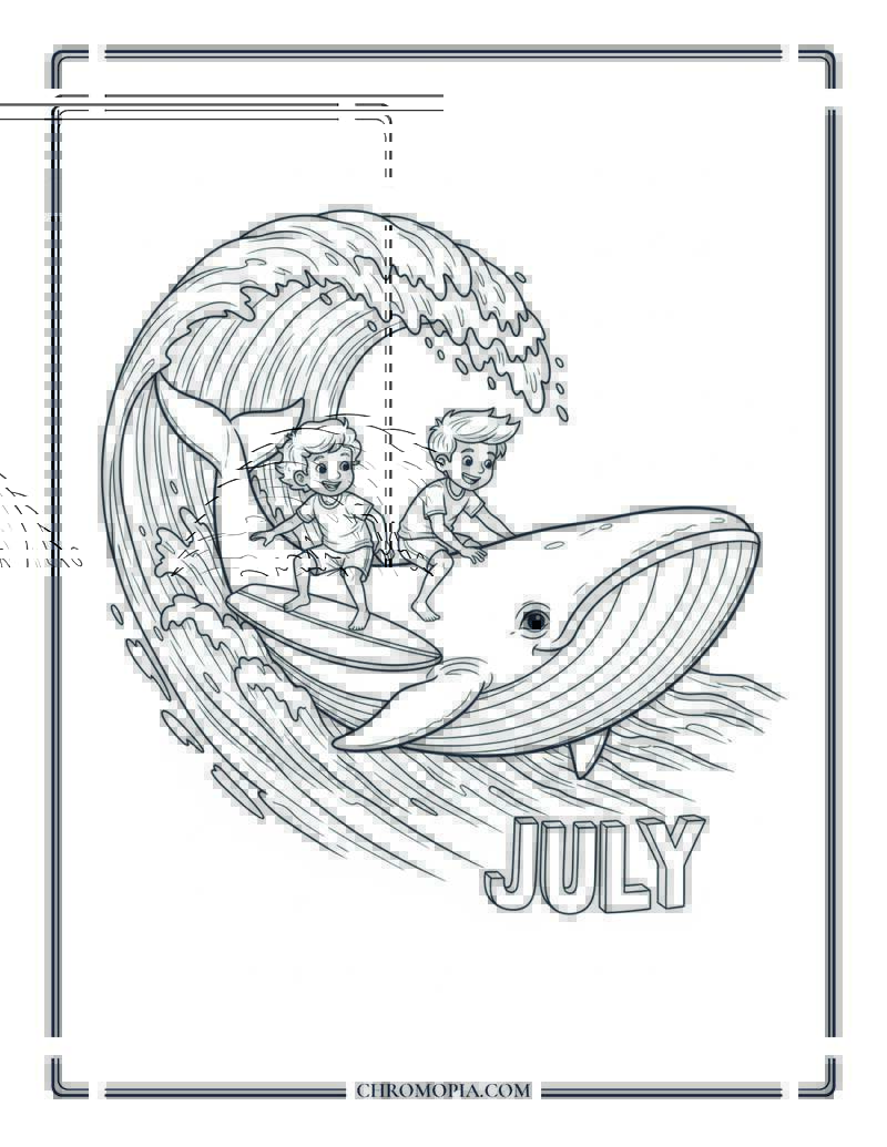 Kids Surfing On Friendly Whale Coloring Page
