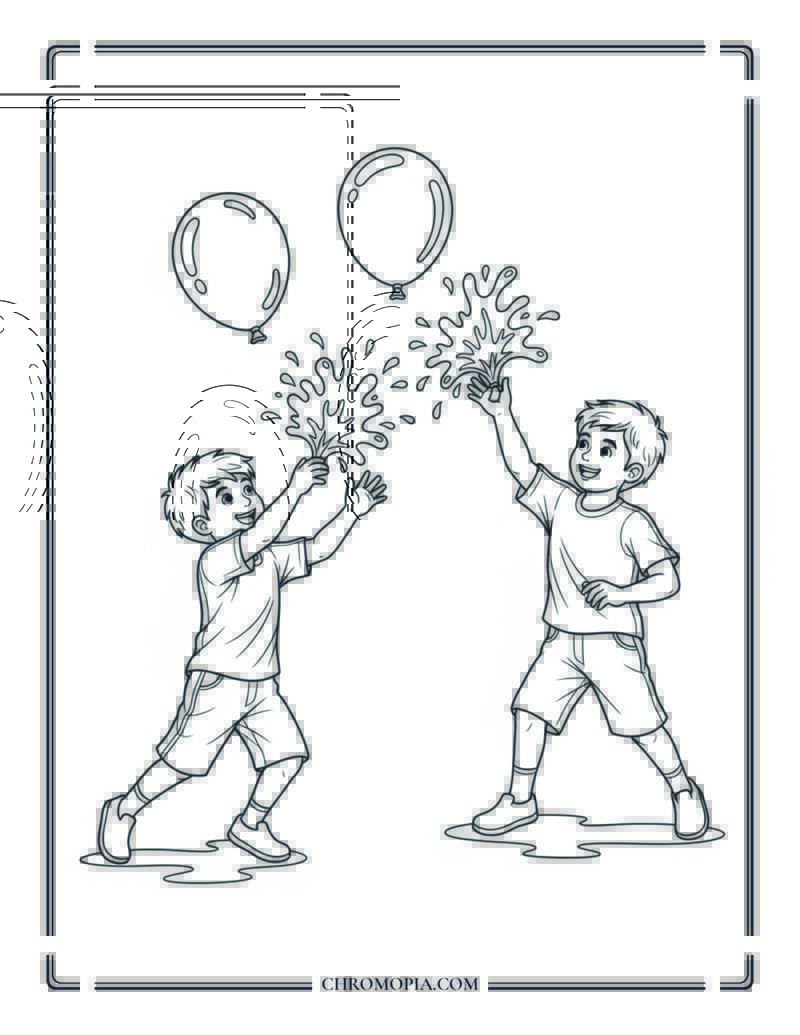 Kids Throwing Water Balloons At Each Other Coloring Page